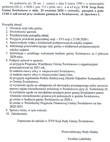 Informacja o XVII Sesji Rady Gminy Świekatowo.