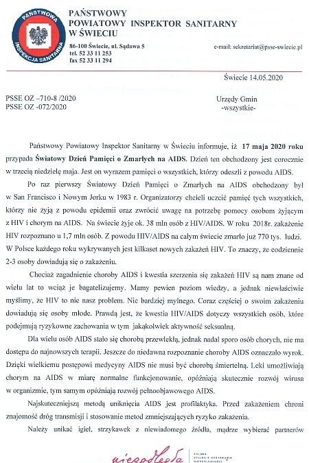 Informacja o Światowym Dniu Pamięci o Zmarłych na AIDS.