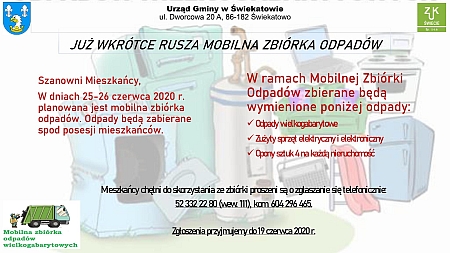 Informacja o zbiórce odpadów wielkogabarytowych.